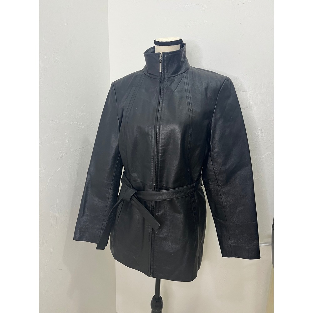Worthington Leather Jacket Women Medium Black Good Belted Nappa Zip‎ Coat